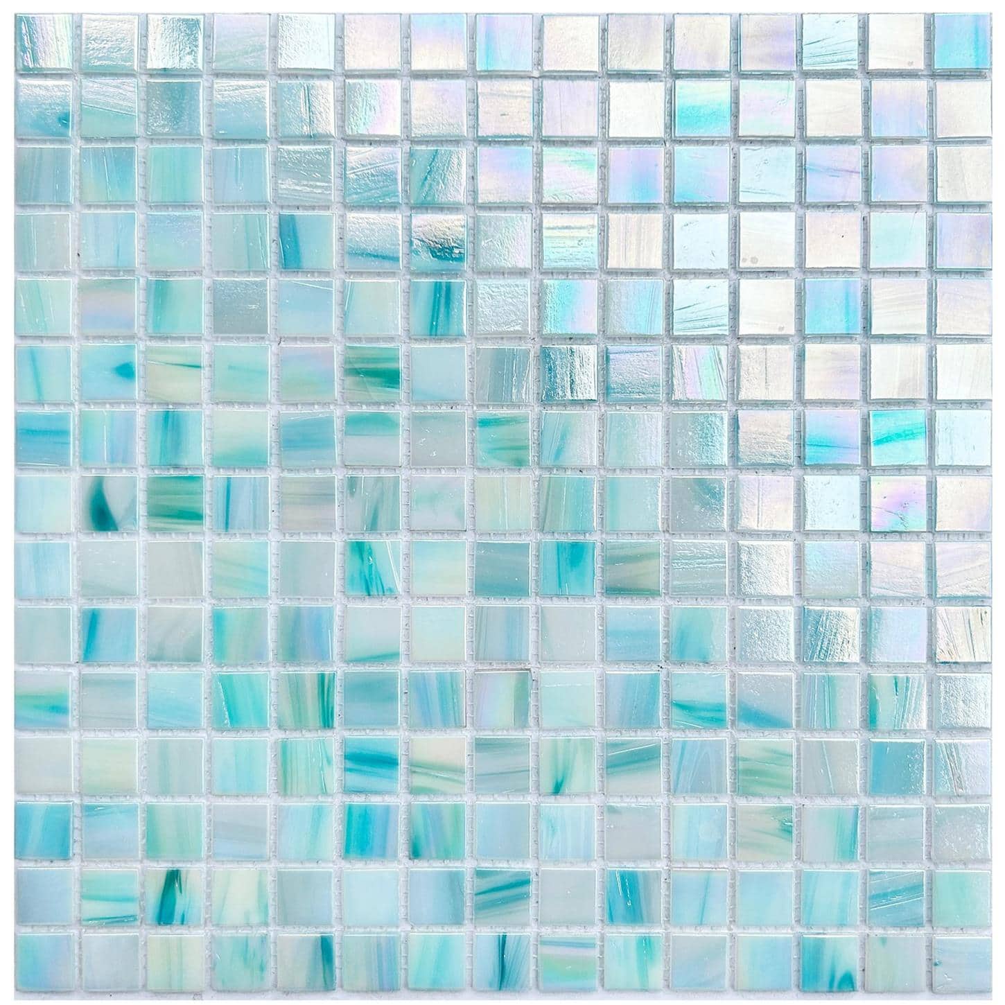 Up of a glass mosaic tile backsplash featuring various shades of blue and iridescent finishes, ideal for pools and decorative.