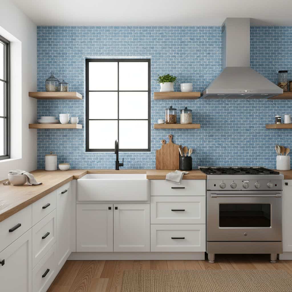 Bright kitchen with blue glass mosaic tile backsplash, white cabinets, and wooden shelves, featuring a large window and stain.