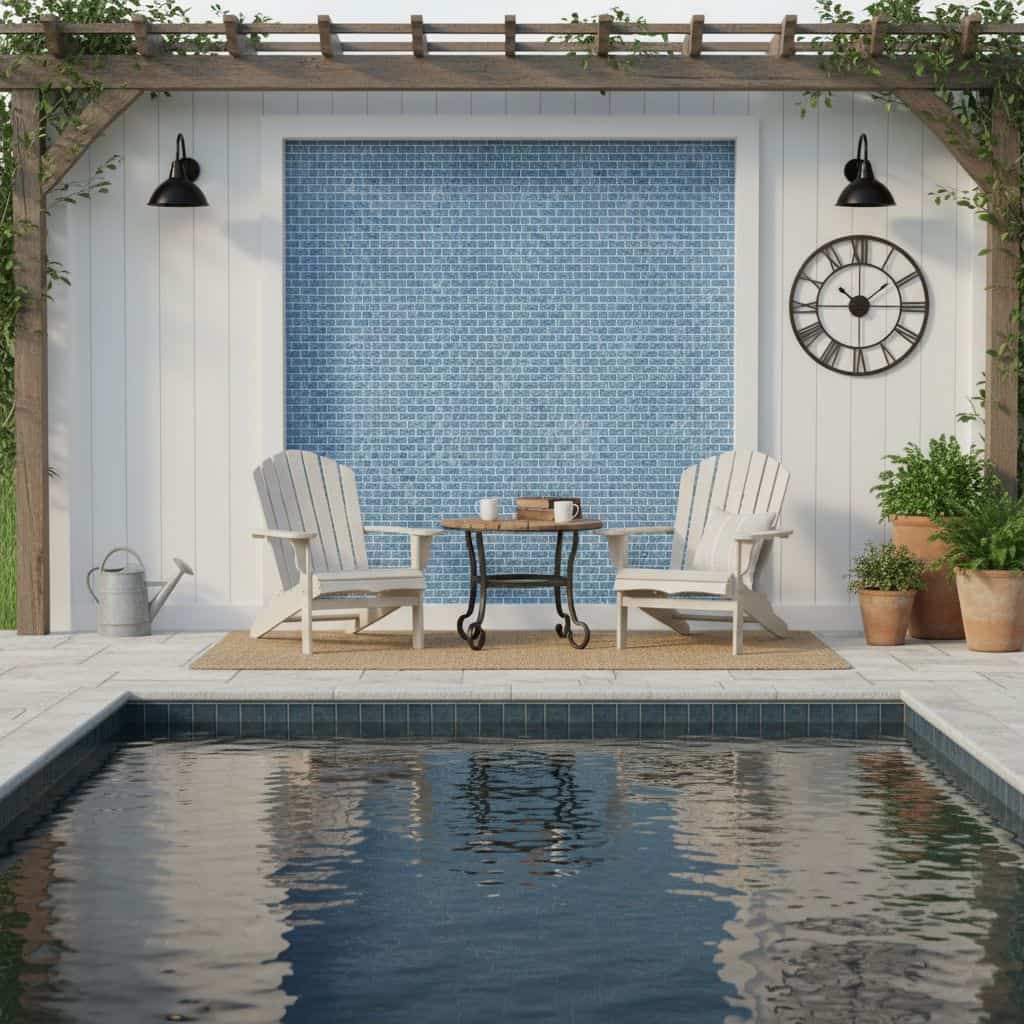 A relaxing outdoor space featuring a blue glass mosaic tile backsplash behind two white chairs and a small table, perfect for.