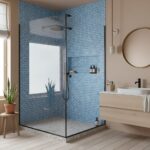 Blue glass tile backsplash in contemporary bathroom shower area with minimalistic fixtures.