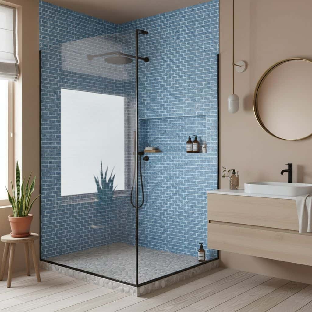 Blue glass tile backsplash in contemporary bathroom shower area with minimalistic fixtures.