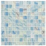 A detailed view of a glass mosaic tile pattern featuring shades of blue, green, and beige, ideal for backsplashes and pool su.