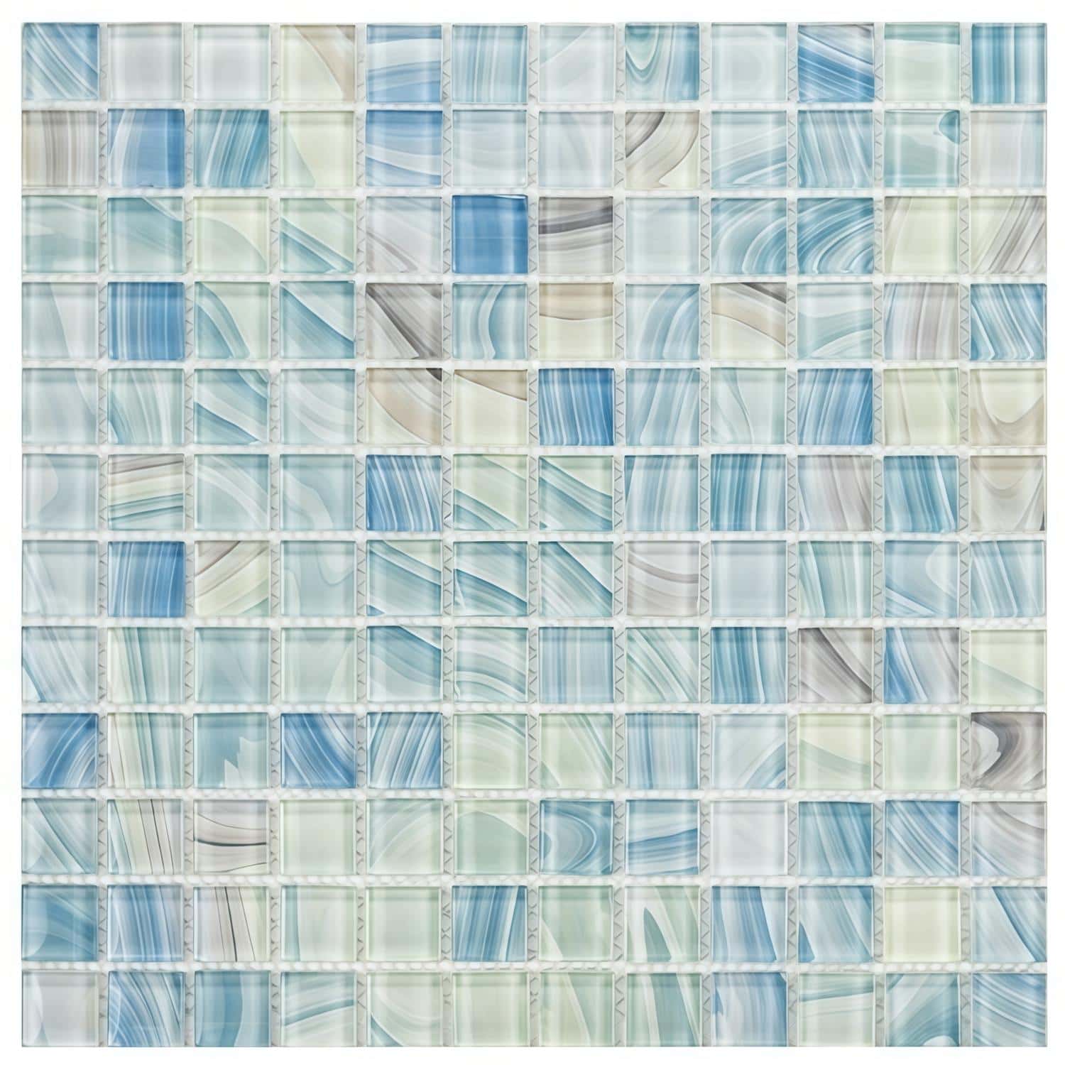 A detailed view of a glass mosaic tile pattern featuring shades of blue, green, and beige, ideal for backsplashes and pool su.