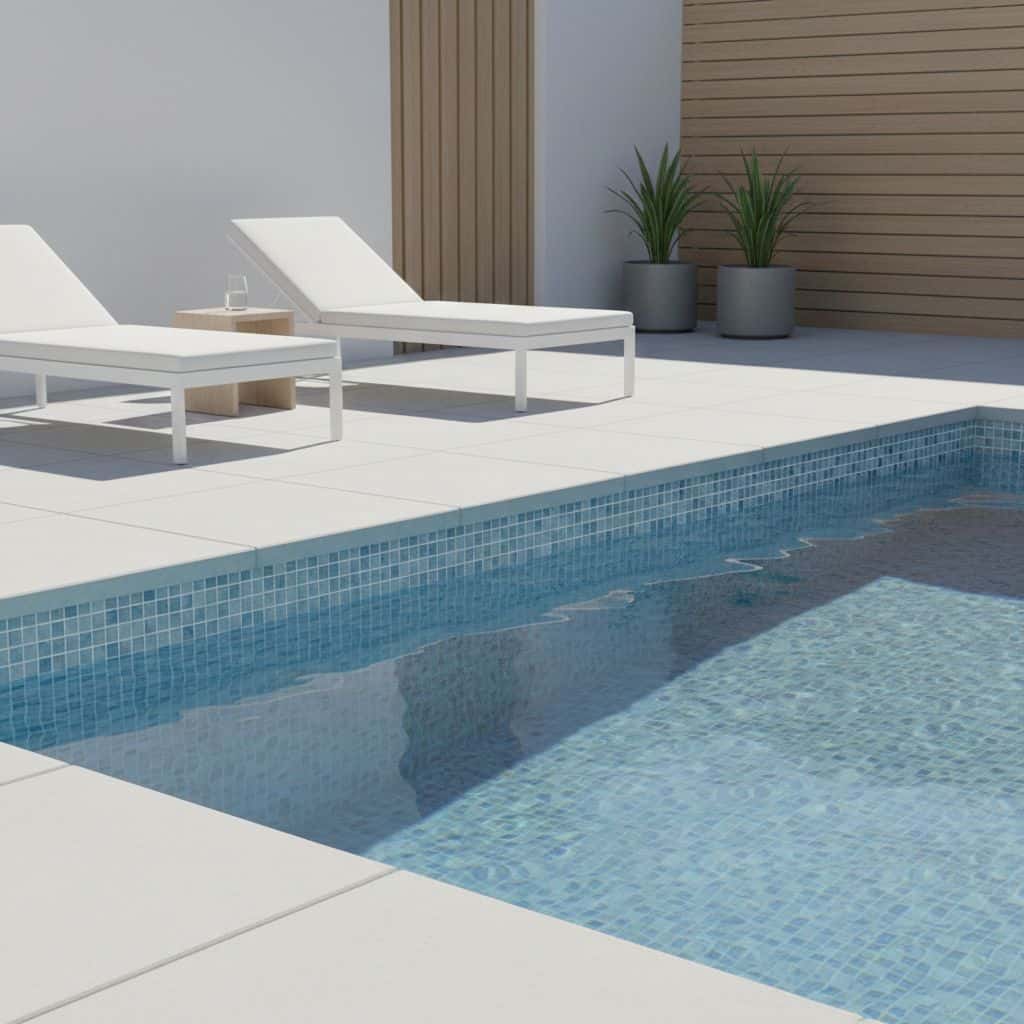 Poolside glass mosaic tile for a modern backyard pool area.