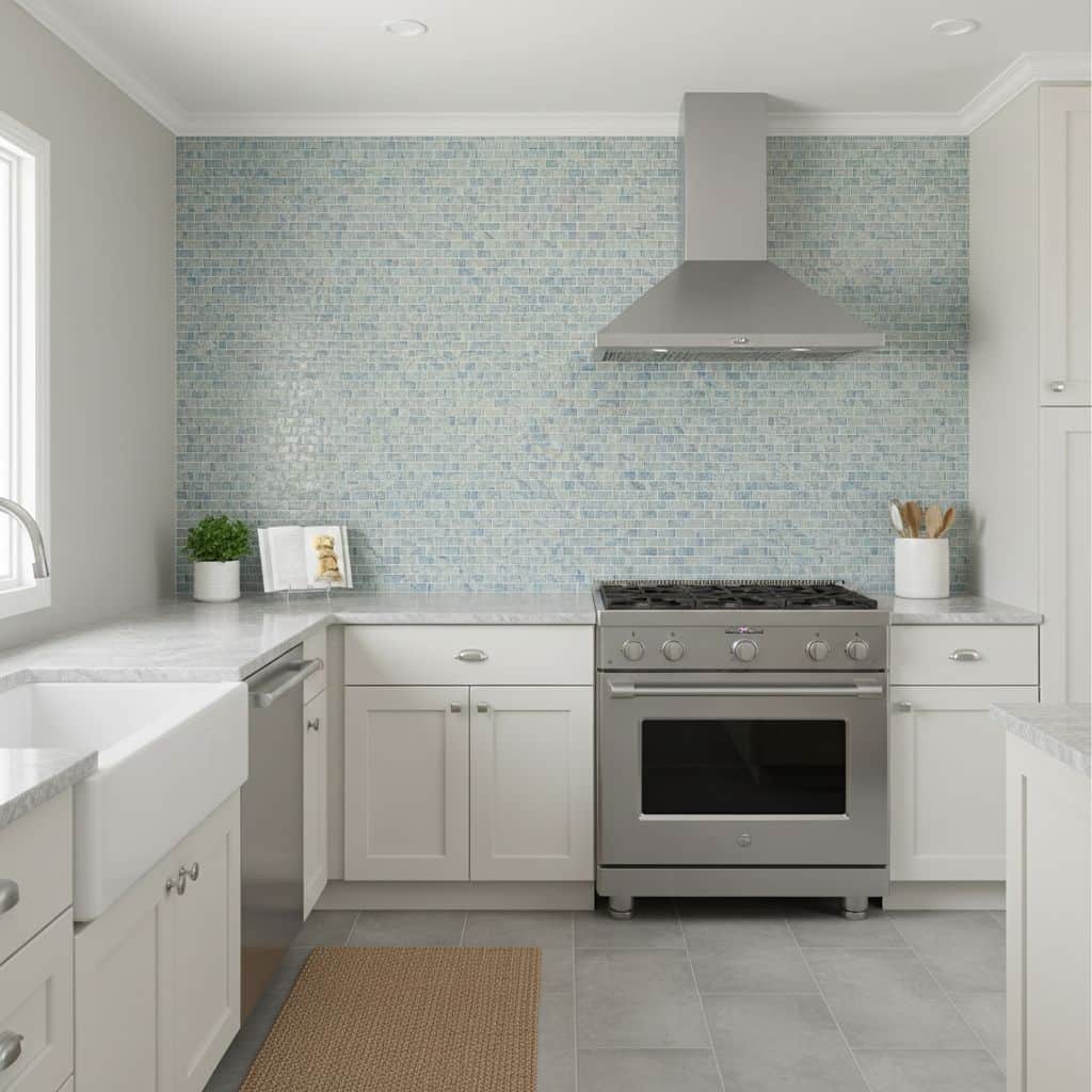 Glass tile backsplash in a contemporary kitchen setting.