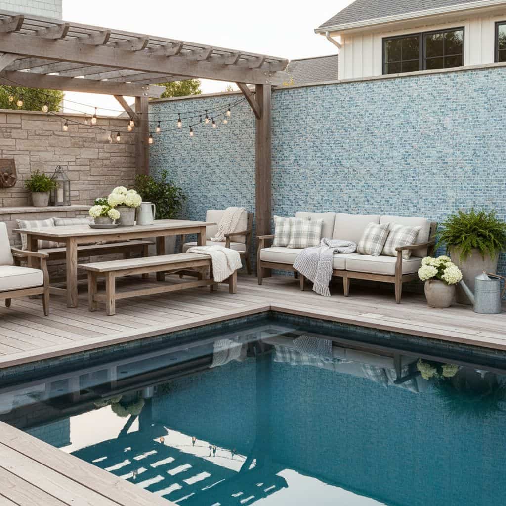 Outdoor pool with glass tile backsplash and stylish patio furniture for relaxing.