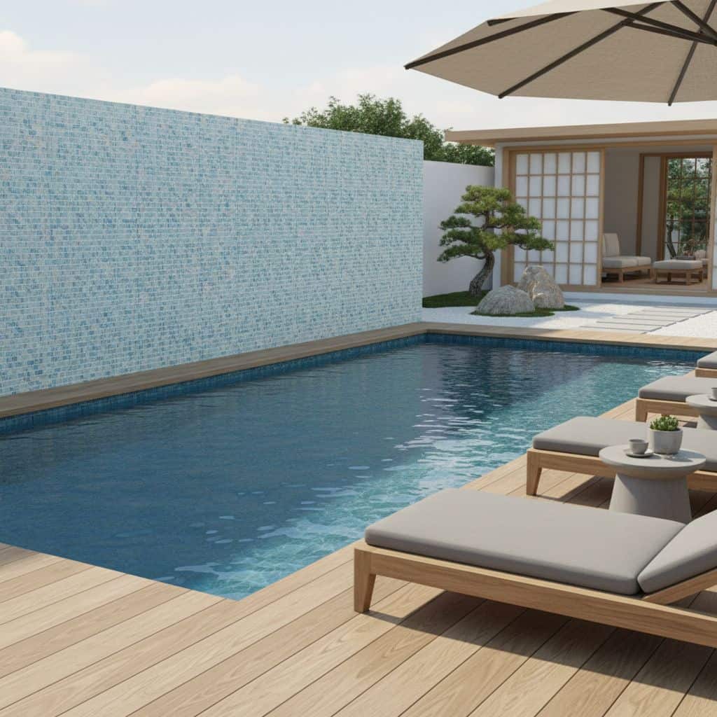 Poolside area with glass mosaic tile backsplash and lounge chairs under a large umbrella.