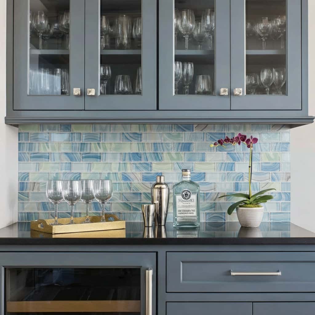 Glass tile backsplash with blue hues in contemporary kitchen design.