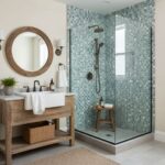 Modern bathroom with glass mosaic tile shower and wooden vanity. Bright, clean design with natural light.