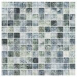 A detailed view of a glass mosaic tile pattern suitable for backsplashes and pools, featuring a mix of green, gray, and black.