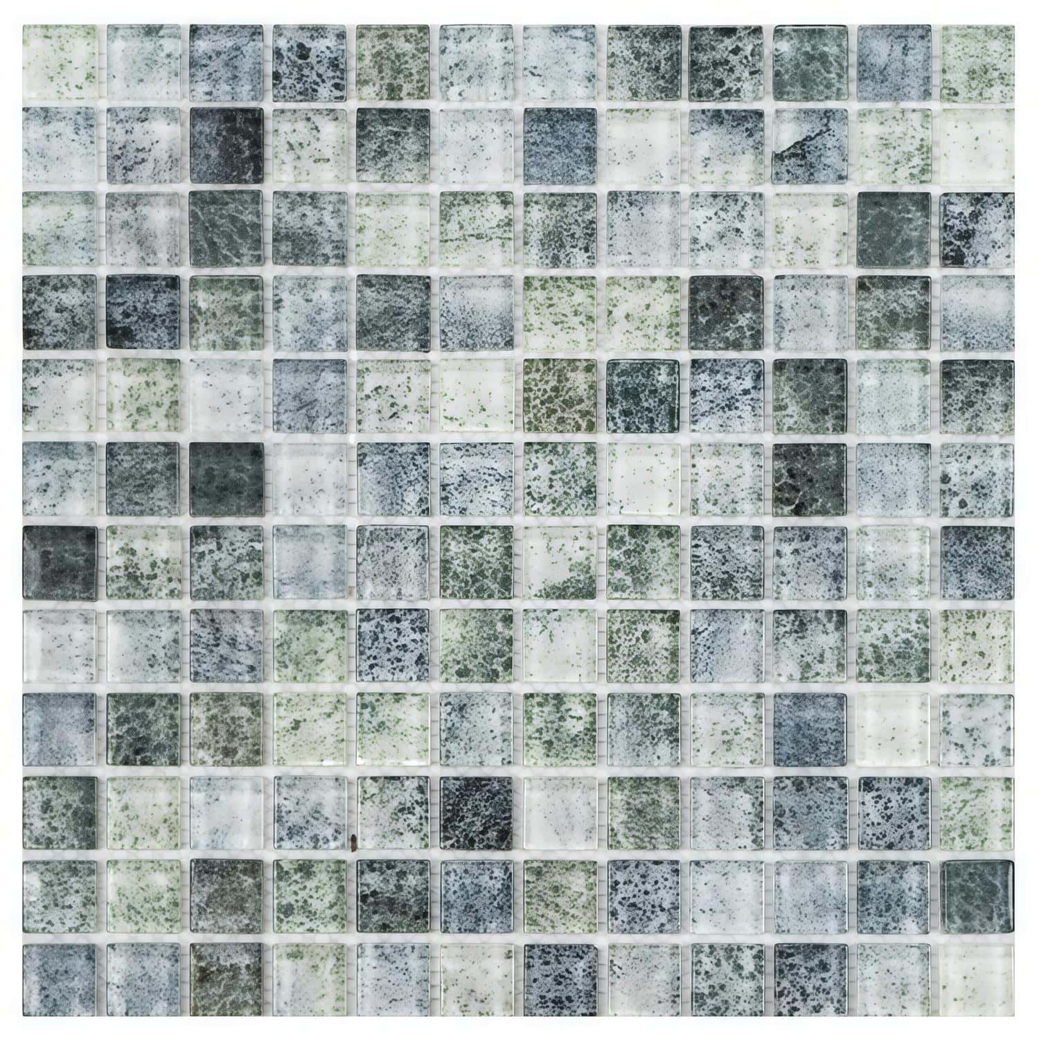 A detailed view of a glass mosaic tile pattern suitable for backsplashes and pools, featuring a mix of green, gray, and black.
