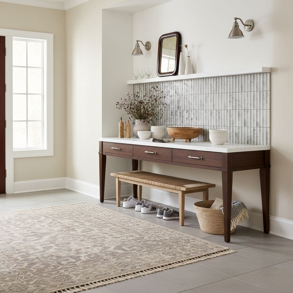 Bright entryway featuring a white and wood console table with decorative vases and mirror.