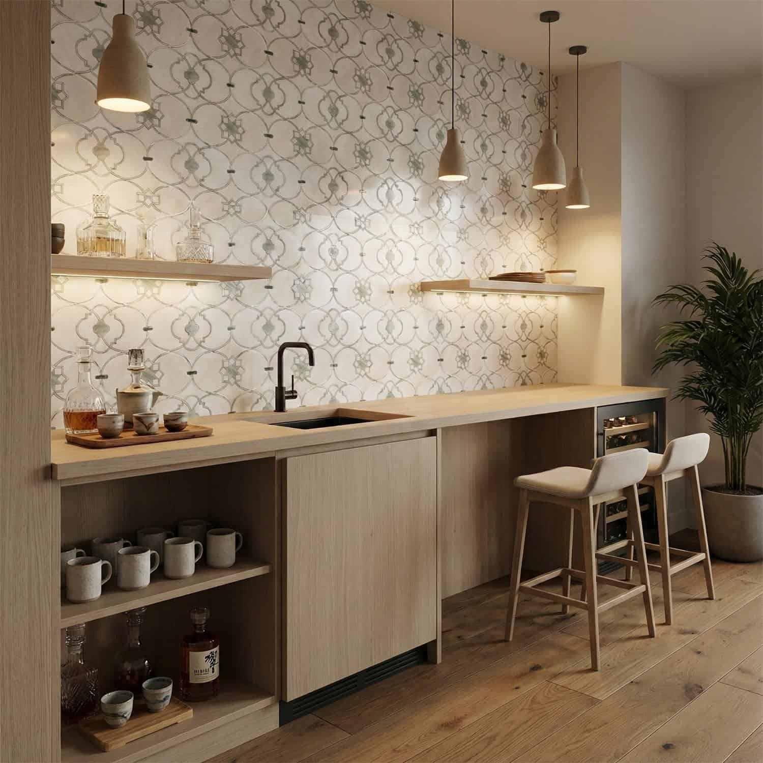 White and gray patterned ceramic tiles with a matte finish for kitchen walls.