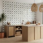 Bright patterned tile wall with a natural wood kitchen counter and hanging rattan pendant lights, creating a warm and invitin.