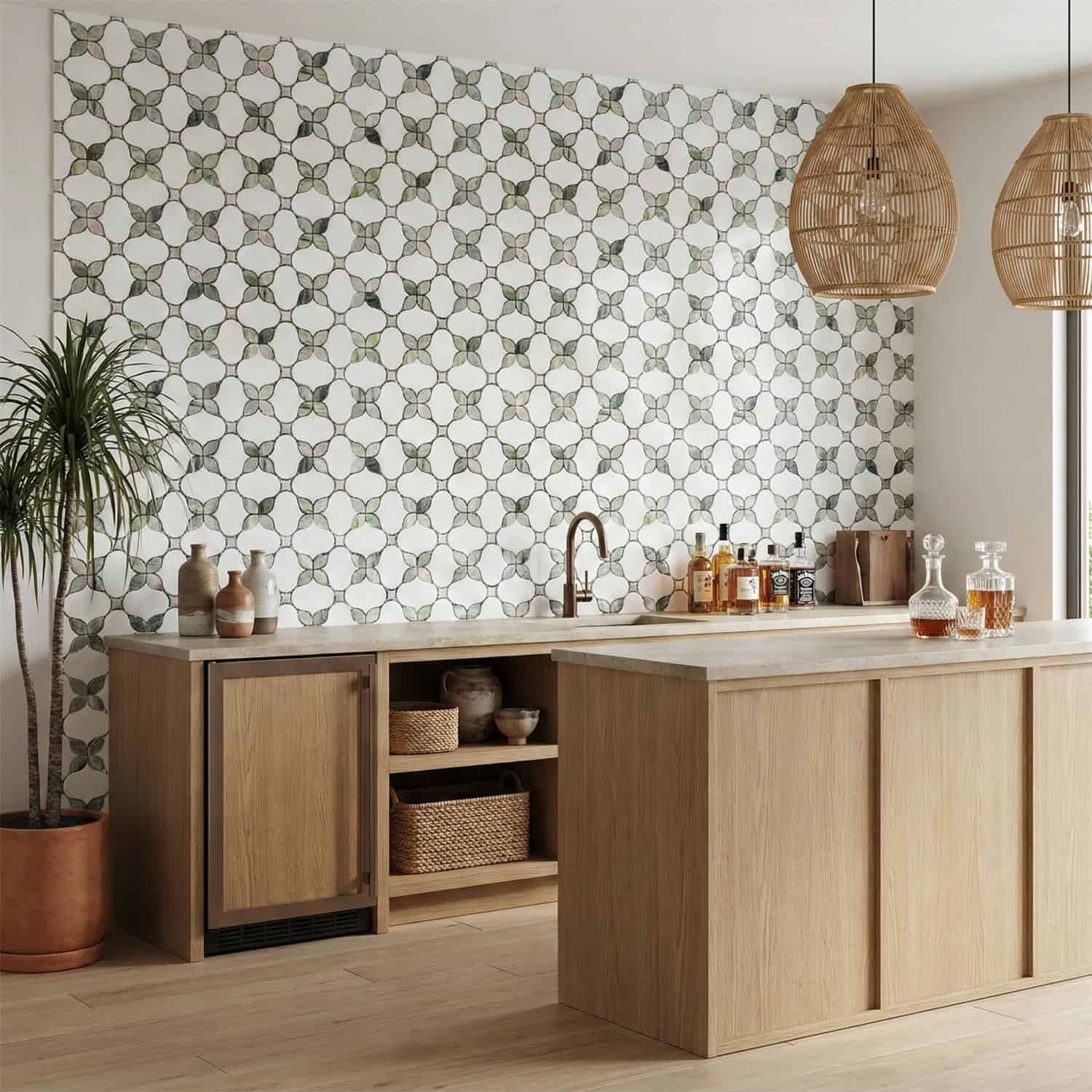 Bright patterned tile wall with a natural wood kitchen counter and hanging rattan pendant lights, creating a warm and invitin.