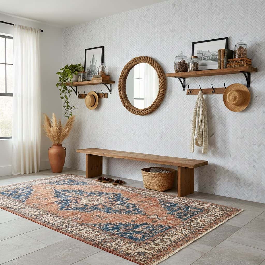 A cozy entryway with a wooden bench, wall-mounted shelves, framed photos, hats, and decorative jars, creating a warm and invi.