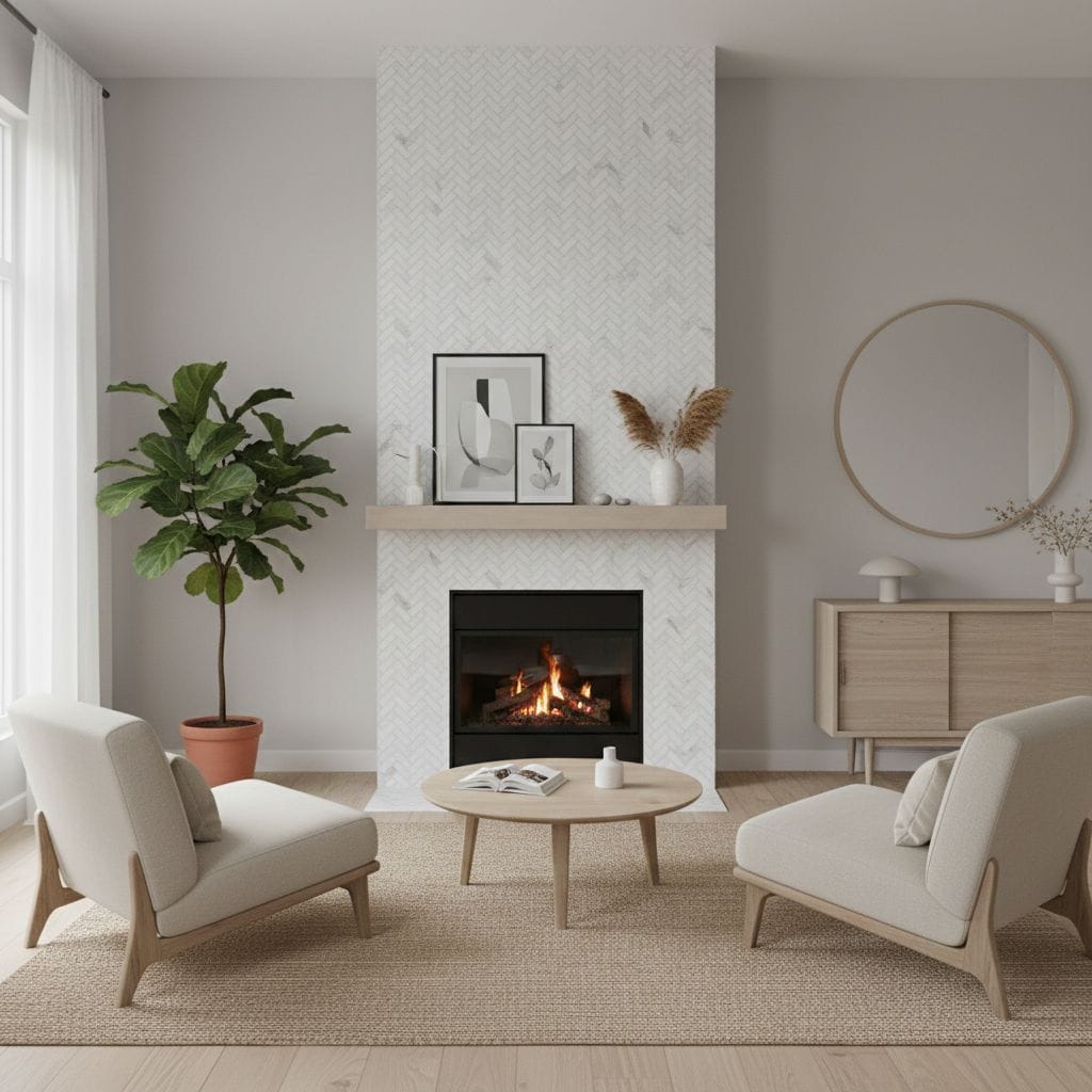 Bright white herringbone tile with subtle texture around fireplace.