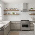 Bright white herringbone ceramic tile with textured surface in modern kitchen.
