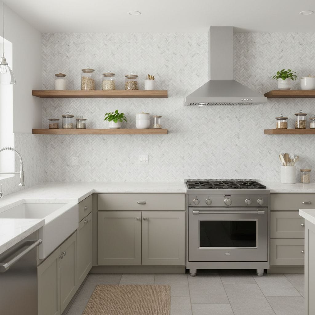 Bright white herringbone ceramic tile with textured surface in modern kitchen.