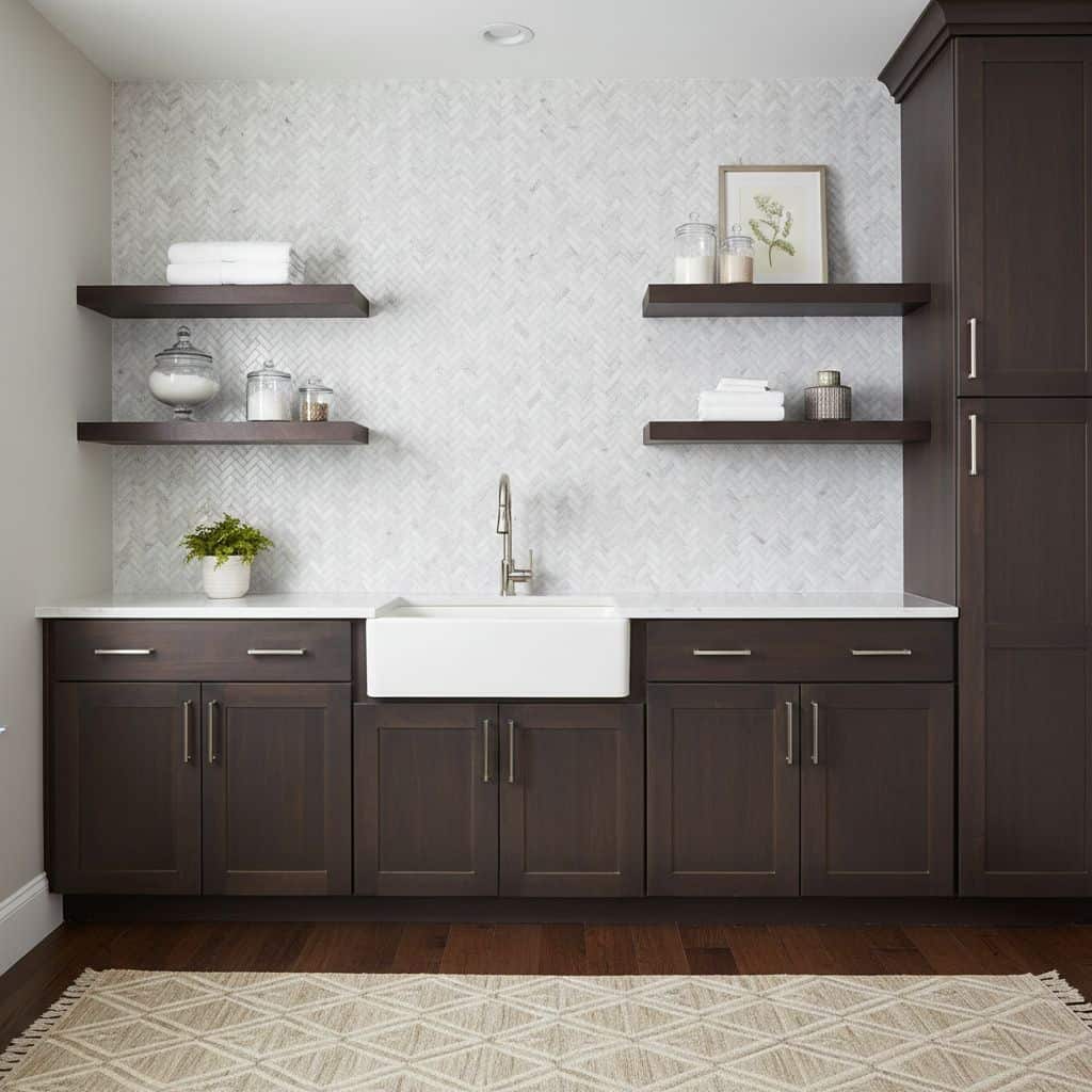 Dark wood kitchen cabinets with white farmhouse sink and decorative wall shelves.