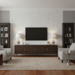Elegant textured white tile with subtle pattern, complementing dark wood furniture and neutral upholstery.