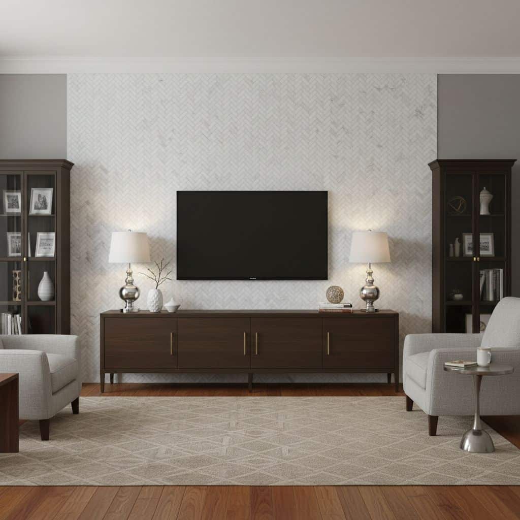 Elegant textured white tile with subtle pattern, complementing dark wood furniture and neutral upholstery.