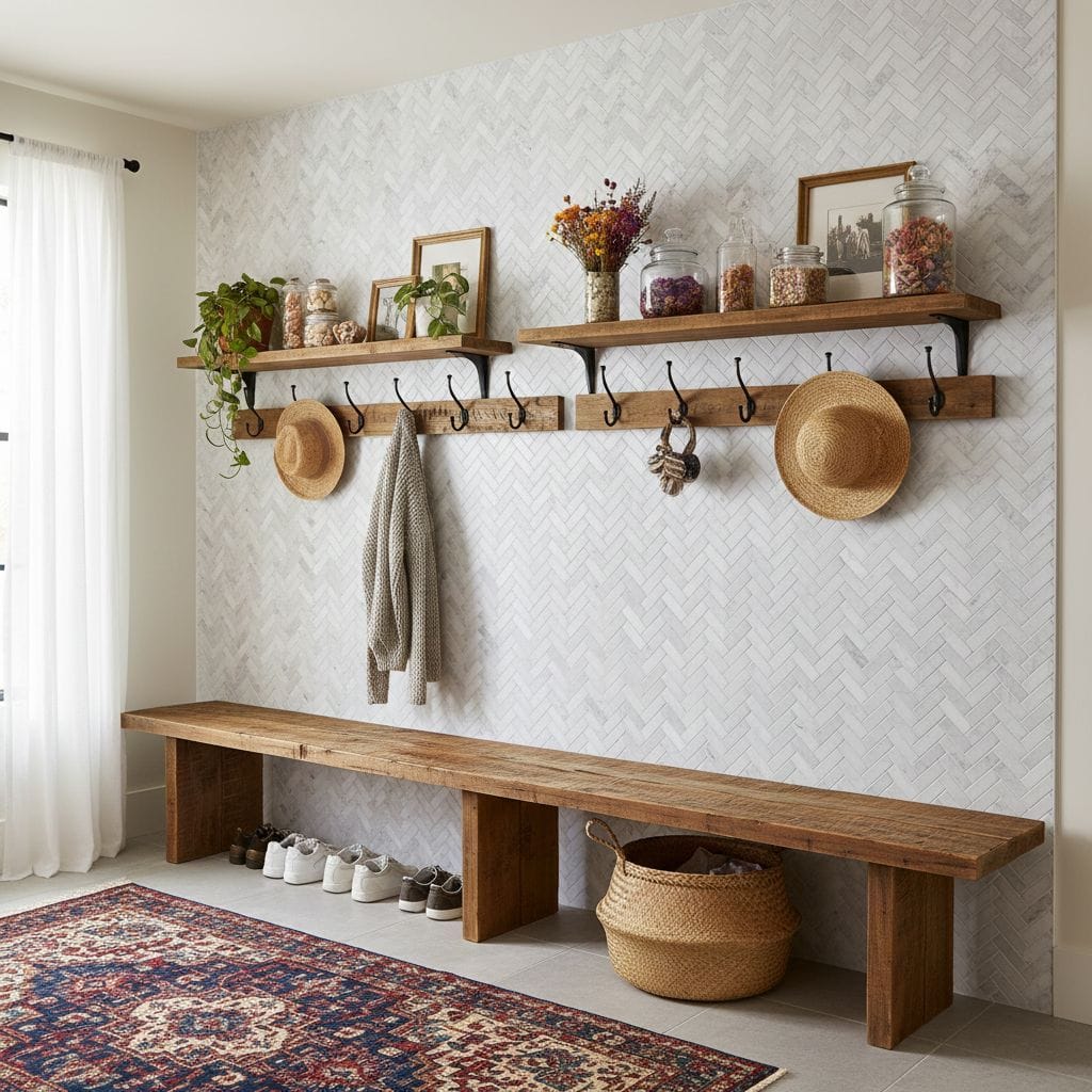 White textured herringbone tile with a matte finish, complemented by wooden accents and natural decor elements.