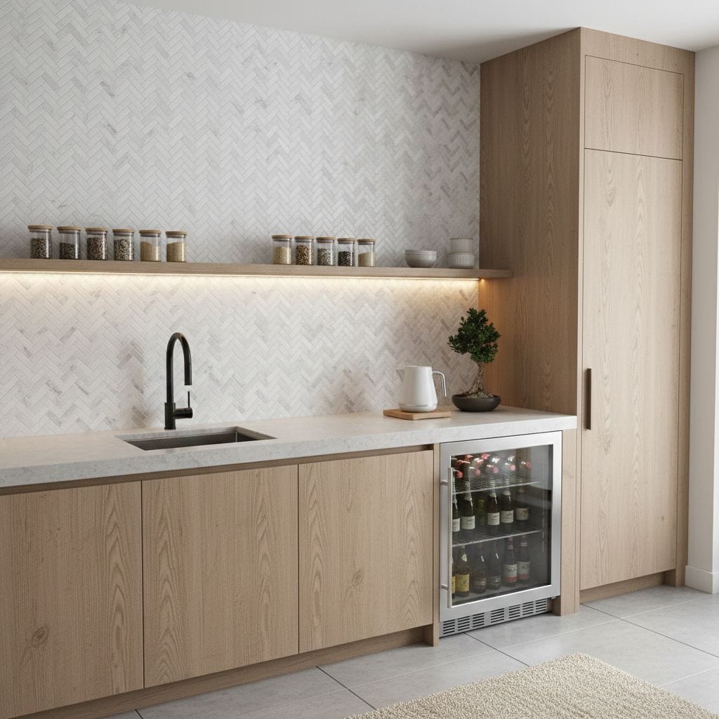 Light wood kitchen cabinets with smooth finish and minimalist design.