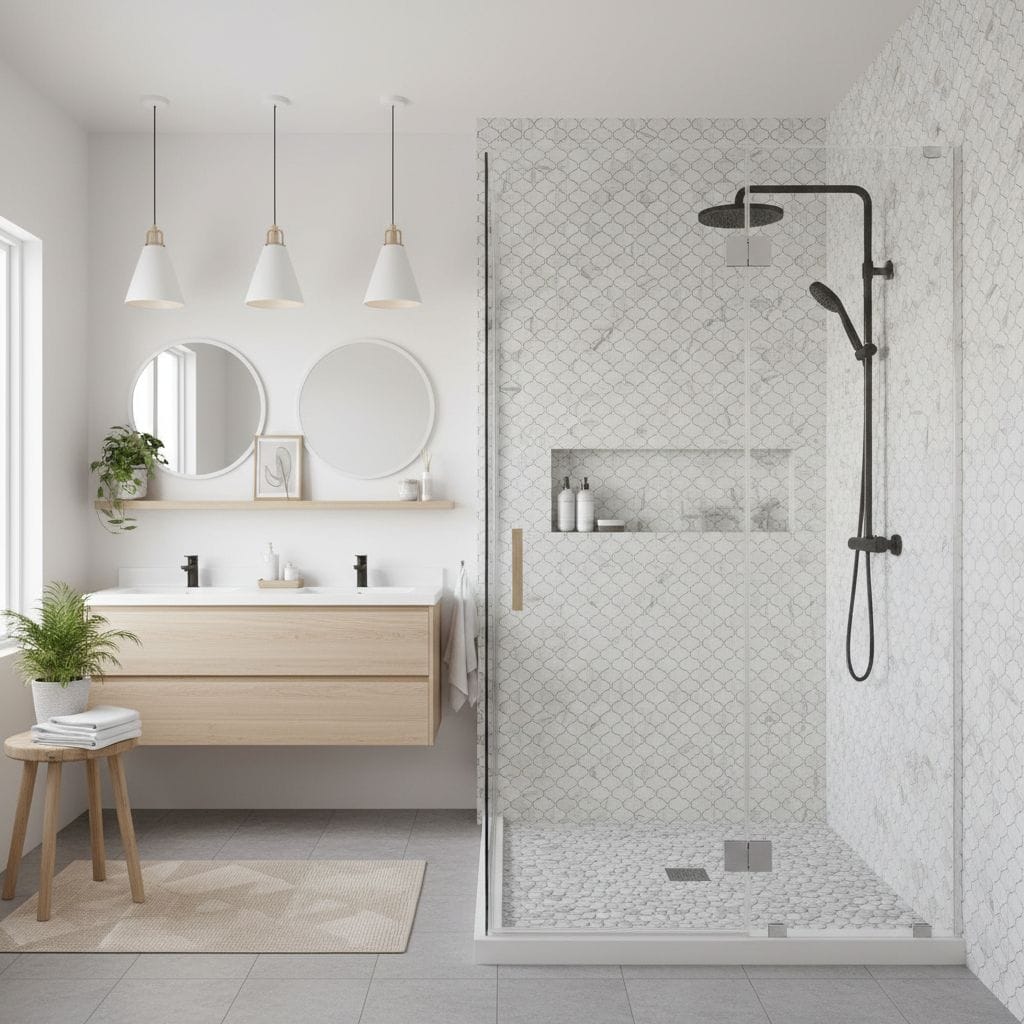 Bright bathroom featuring white tiles, a sleek shower, and a minimalist vanity with round mirrors. Elegant and contemporary d.