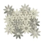 Decorative flower-shaped mosaic tile in white and gray.