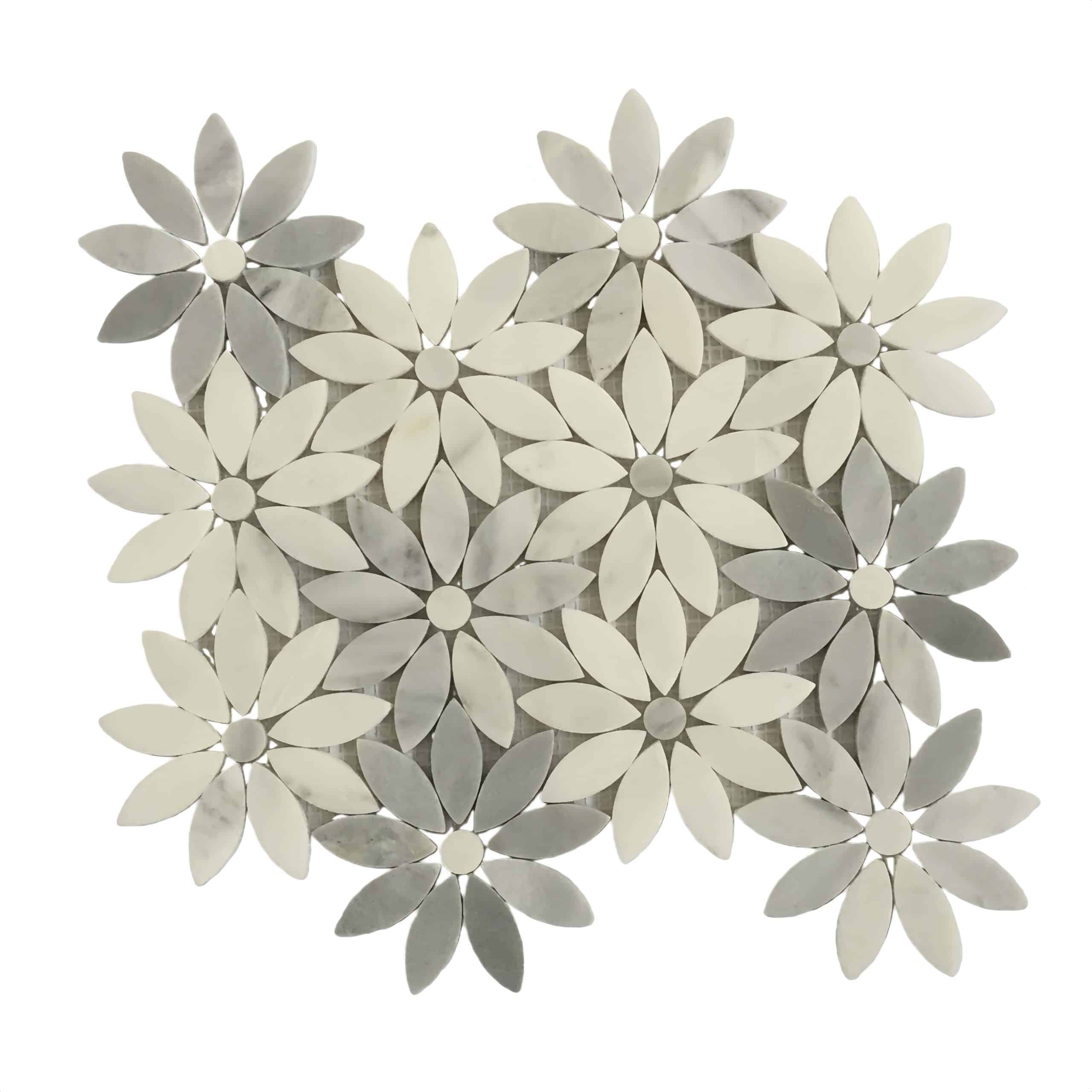 Decorative flower-shaped mosaic tile in white and gray.