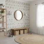 Bright, textured floral wallpaper in soft gray and white tones.