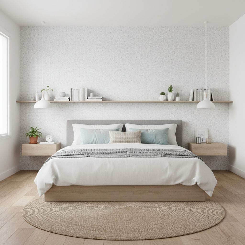 White textured ceramic tile with subtle pattern on bedroom wall.