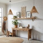 Rattan pendant lights and woven wall hanging create a warm, natural ambiance in this boho-inspired interior.