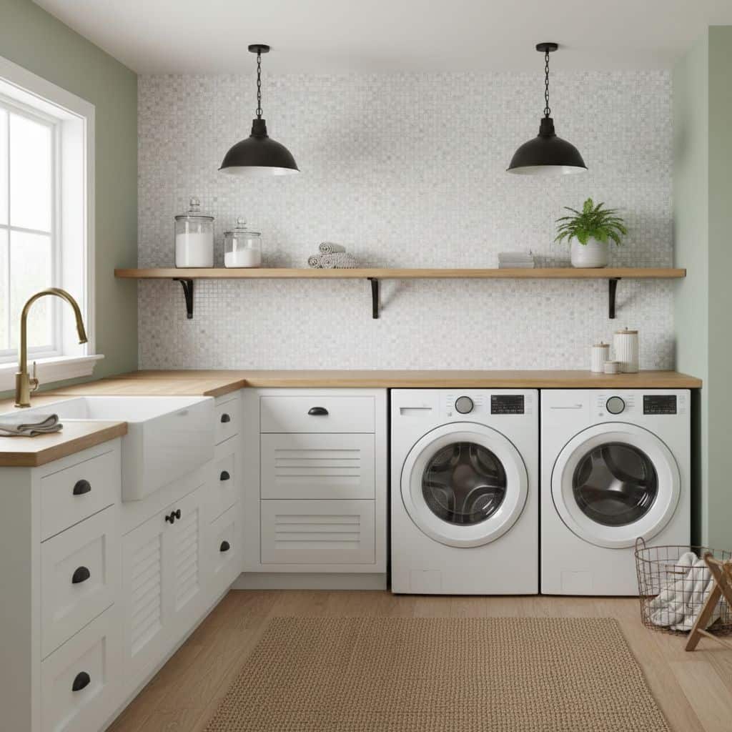 Bright laundry room with white cabinets, wood countertop, and textured tile backsplash.