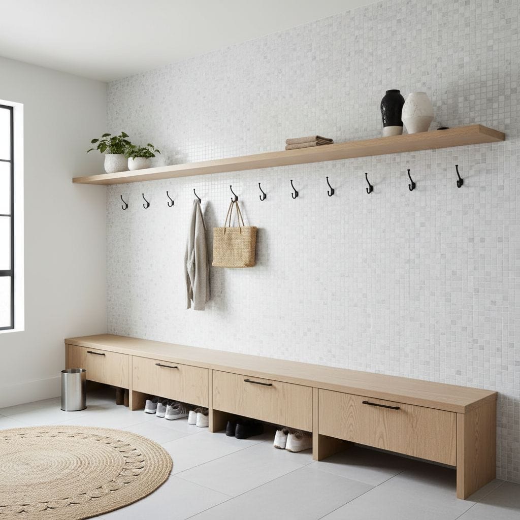 Bright white mosaic tile wall with subtle texture, complemented by a light wood bench and shelf, creating a clean and modern.