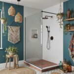 Bright white and deep blue wall tiles in a modern shower space.