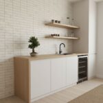 Bright white and natural wood finish kitchen cabinet with sleek black faucet.