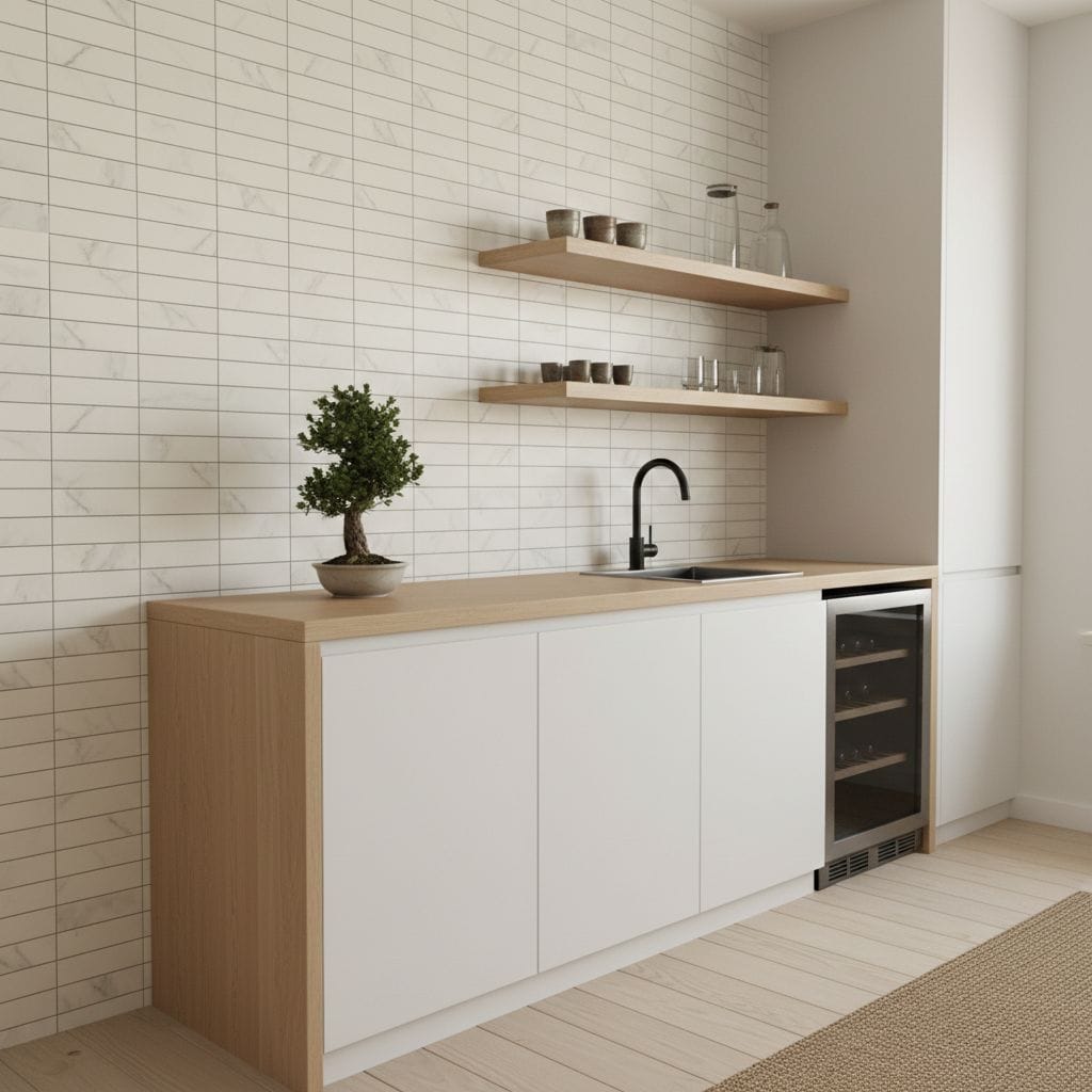 Bright white and natural wood finish kitchen cabinet with sleek black faucet.