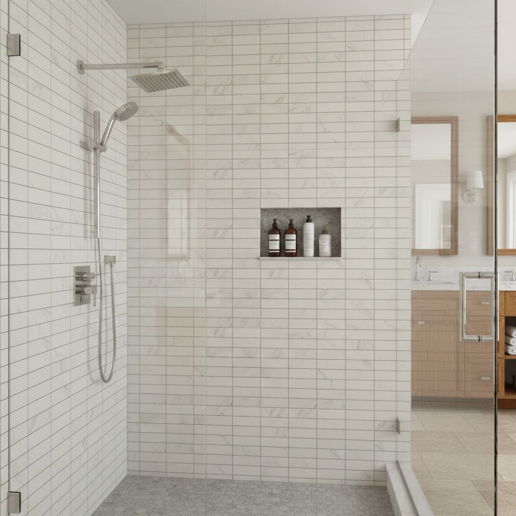 White subway tiles with a glossy finish in a modern shower.