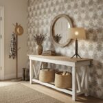 A beige floral wallpaper with a textured, soft finish.