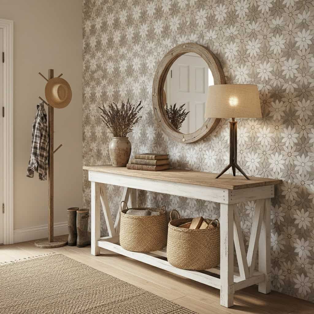 A beige floral wallpaper with a textured, soft finish.