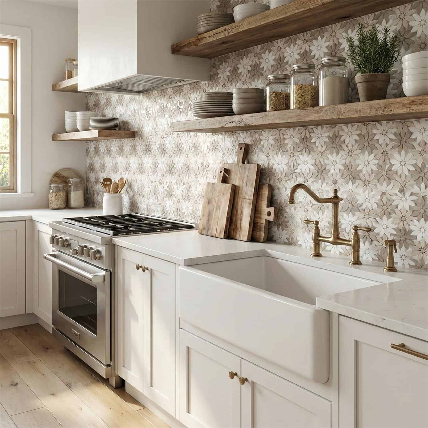 Bright floral patterned tile backsplash.