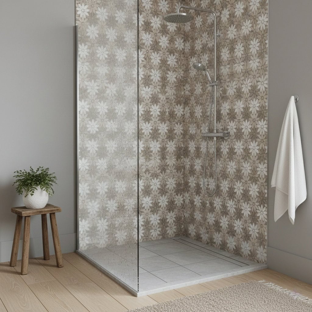 Decorative floral patterned ceramic tiles in neutral tones for shower wall.