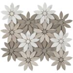 White and beige flower-shaped ceramic tiles for wall or floor decor.