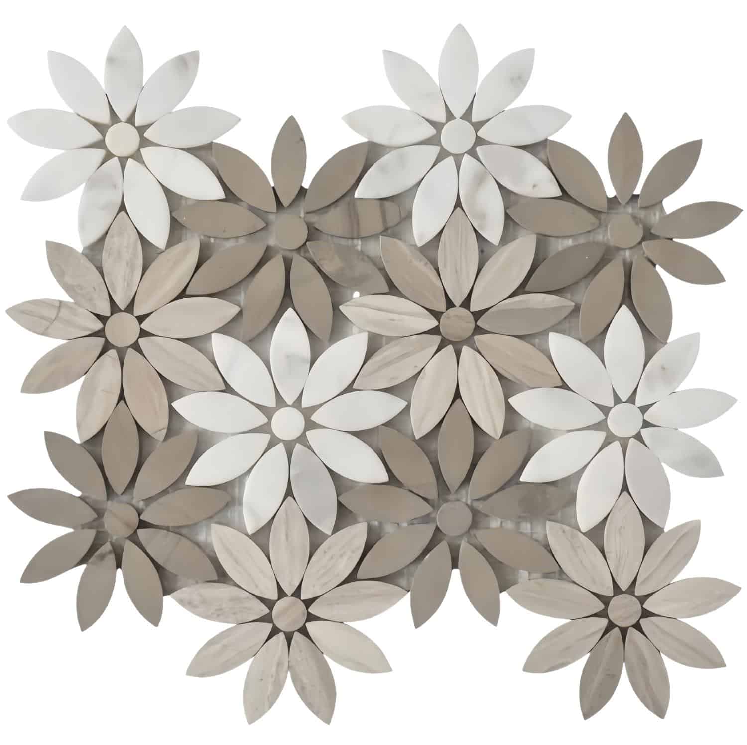 White and beige flower-shaped ceramic tiles for wall or floor decor.