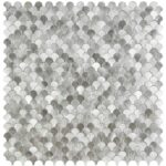 Peel and stick tile wall pattern in a scallop design with shades of gray and white. Perfect for backsplash or accent walls.