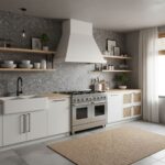 Image of a contemporary kitchen featuring peel and stick tile backsplash behind stove. Bright, clean design with white cabine.