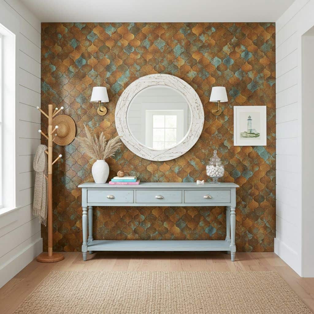 Interior wall with peel and stick tile in a warm, rustic pattern, complemented by a mirror and decor for a cozy, stylish look.