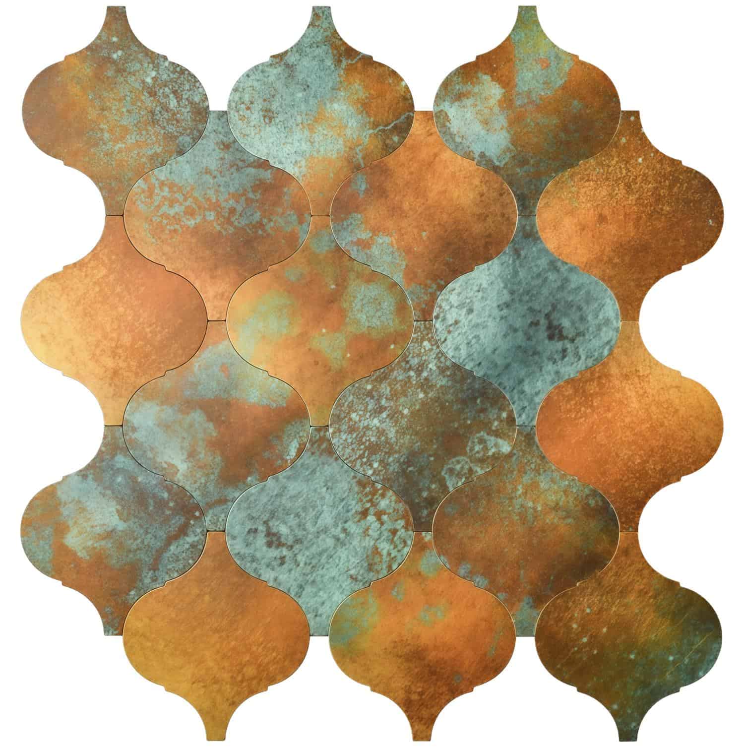 Rustic peel and stick tile wall backsplash with a weathered, textured finish in shades of blue, orange, and brown for easy ho.